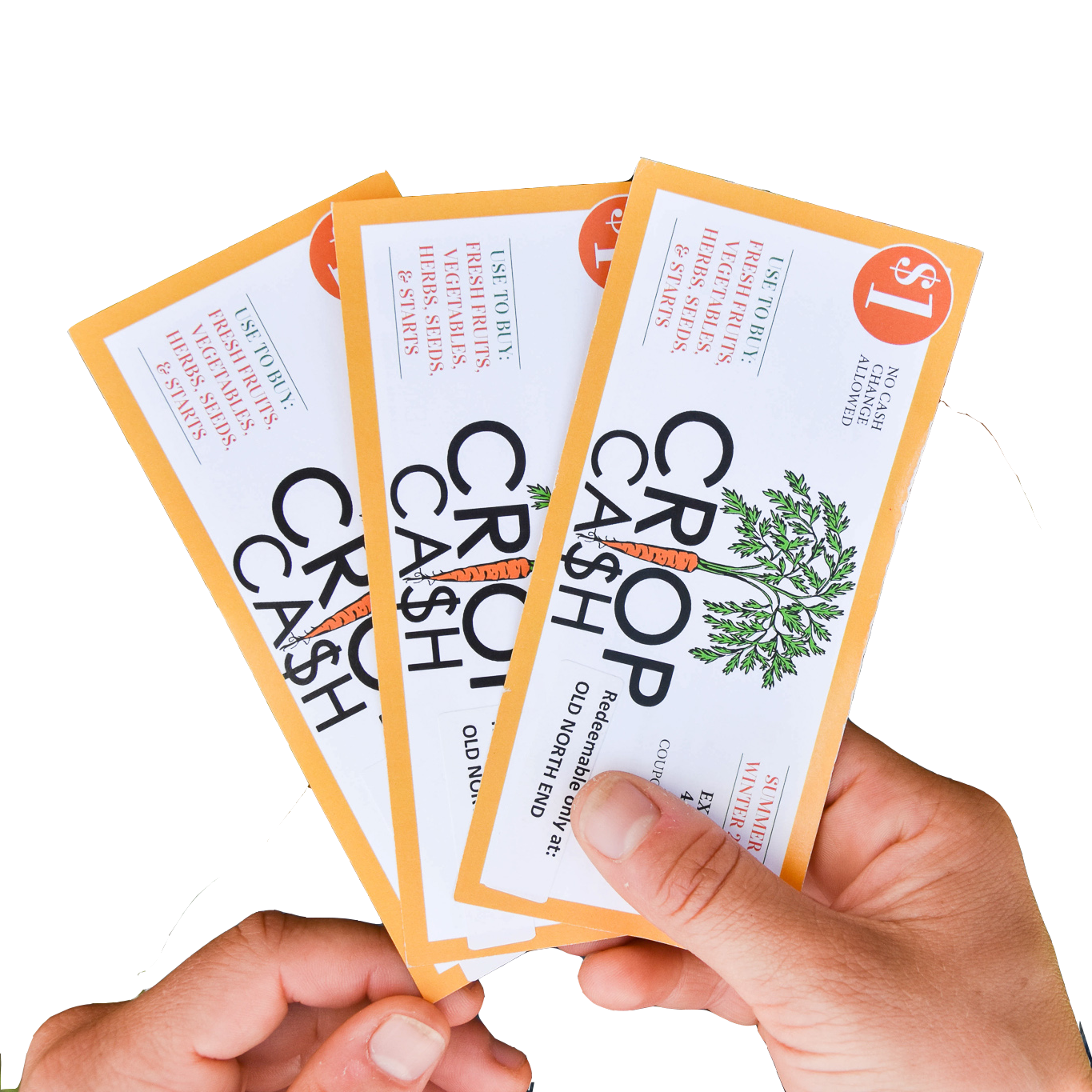 Two hands are holding coupons that read "crop cash".