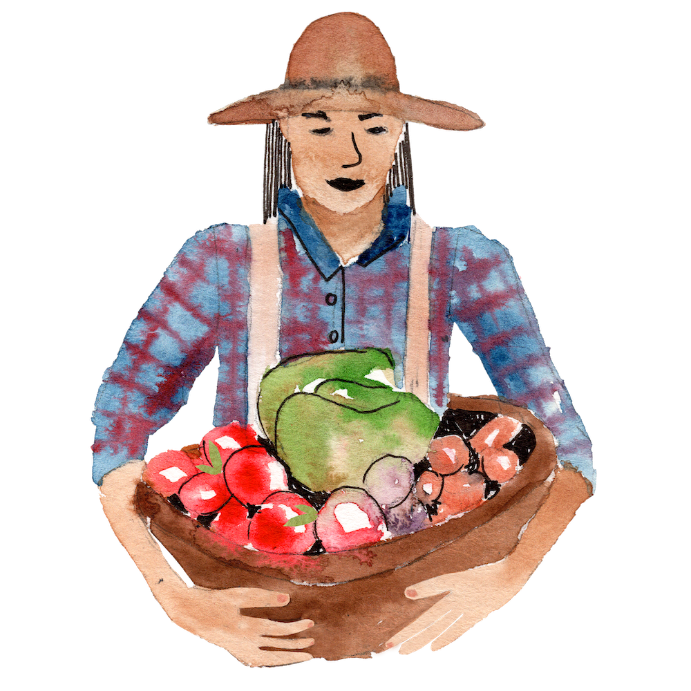 Painting of a farmer holding produce.
