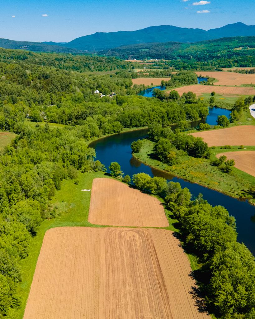Aerial photo of a river and farm land