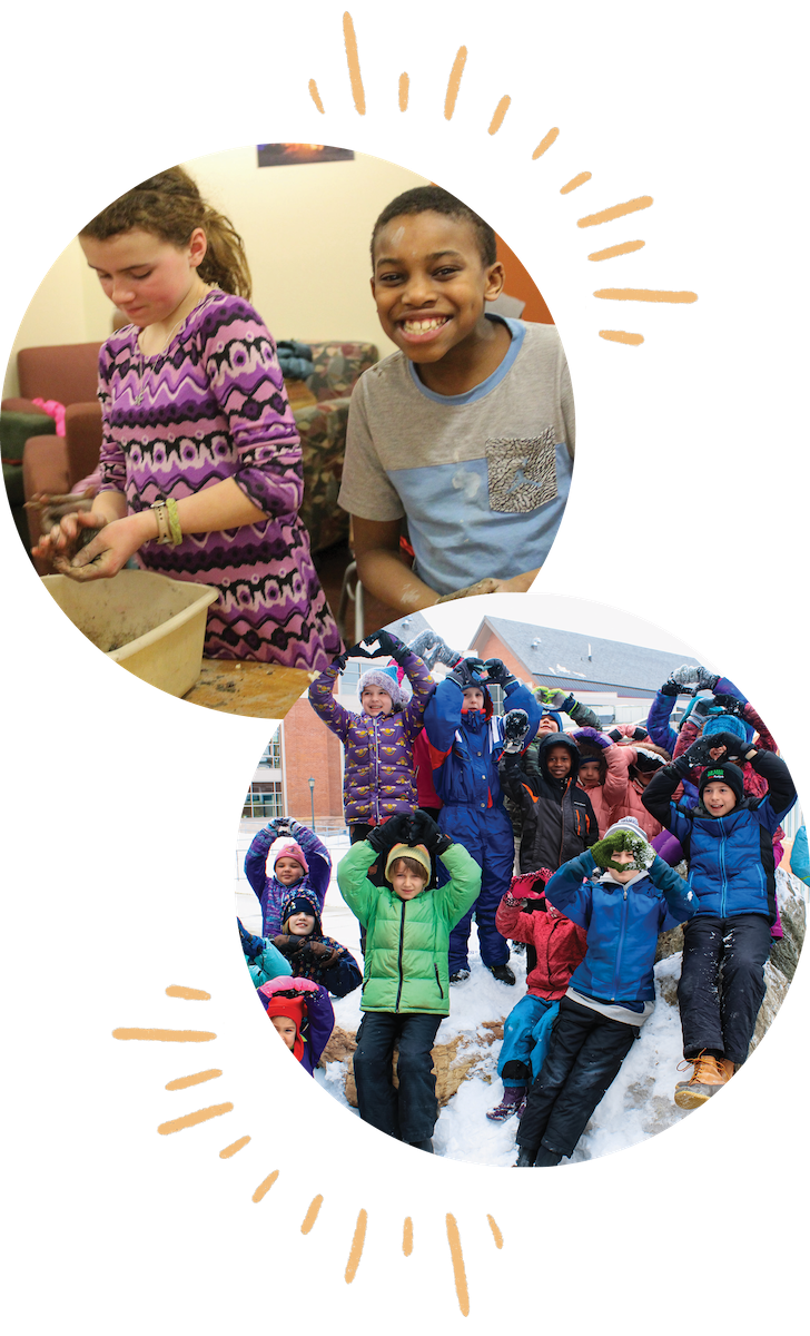 A collage of two photos: one of two kids playing with clay, the other of a group of kids posing on a snowbank making heart shapes with their hands.
