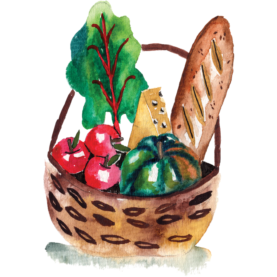 Watercolor of basket full of food