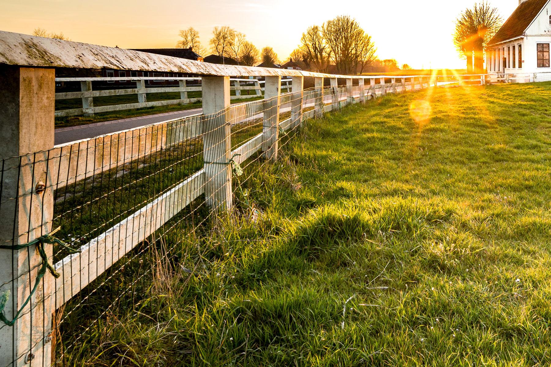 sunrise over a field and farmhouse