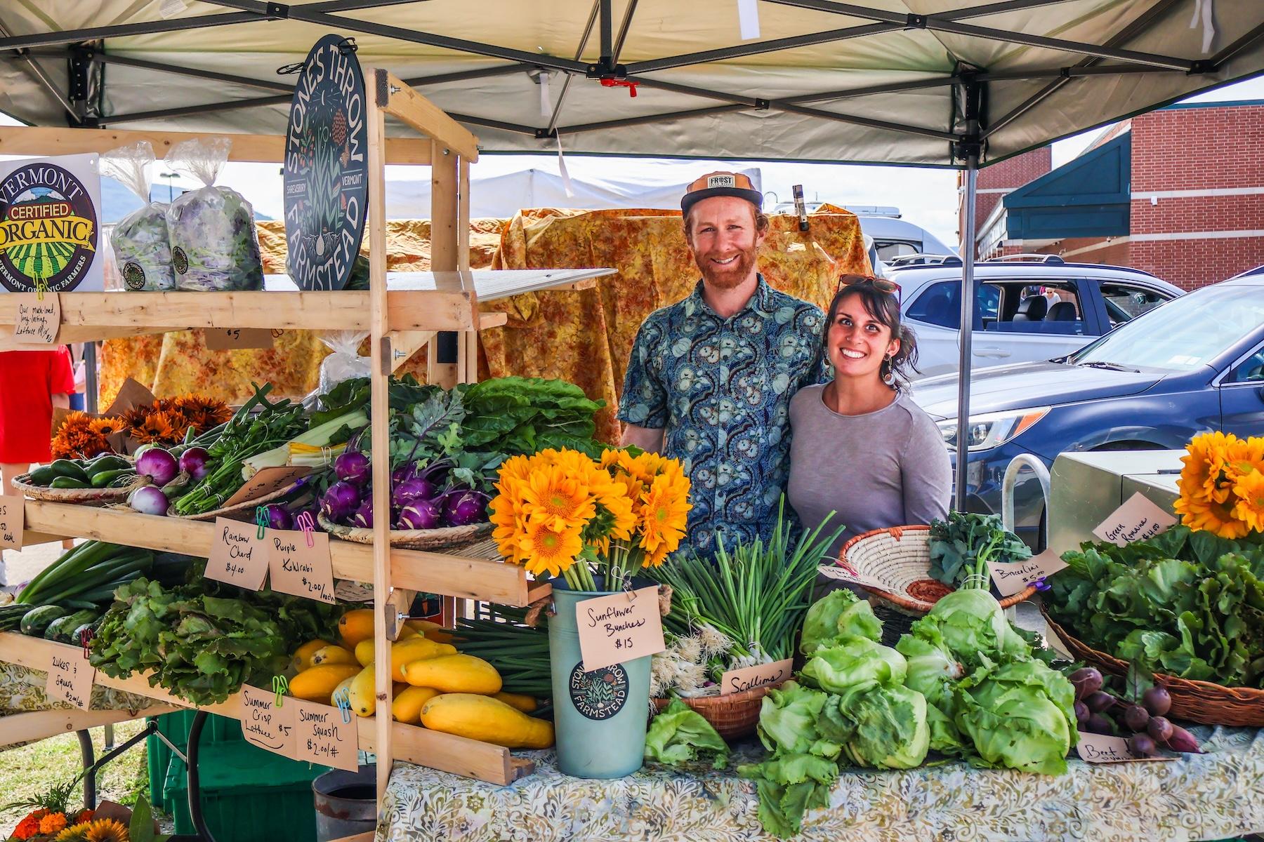 Journey Farmer Program participants Jessica Purks and Connor Self of Stone's Throw Farmstead pictured at the Vermont Farmers Market in Rutland