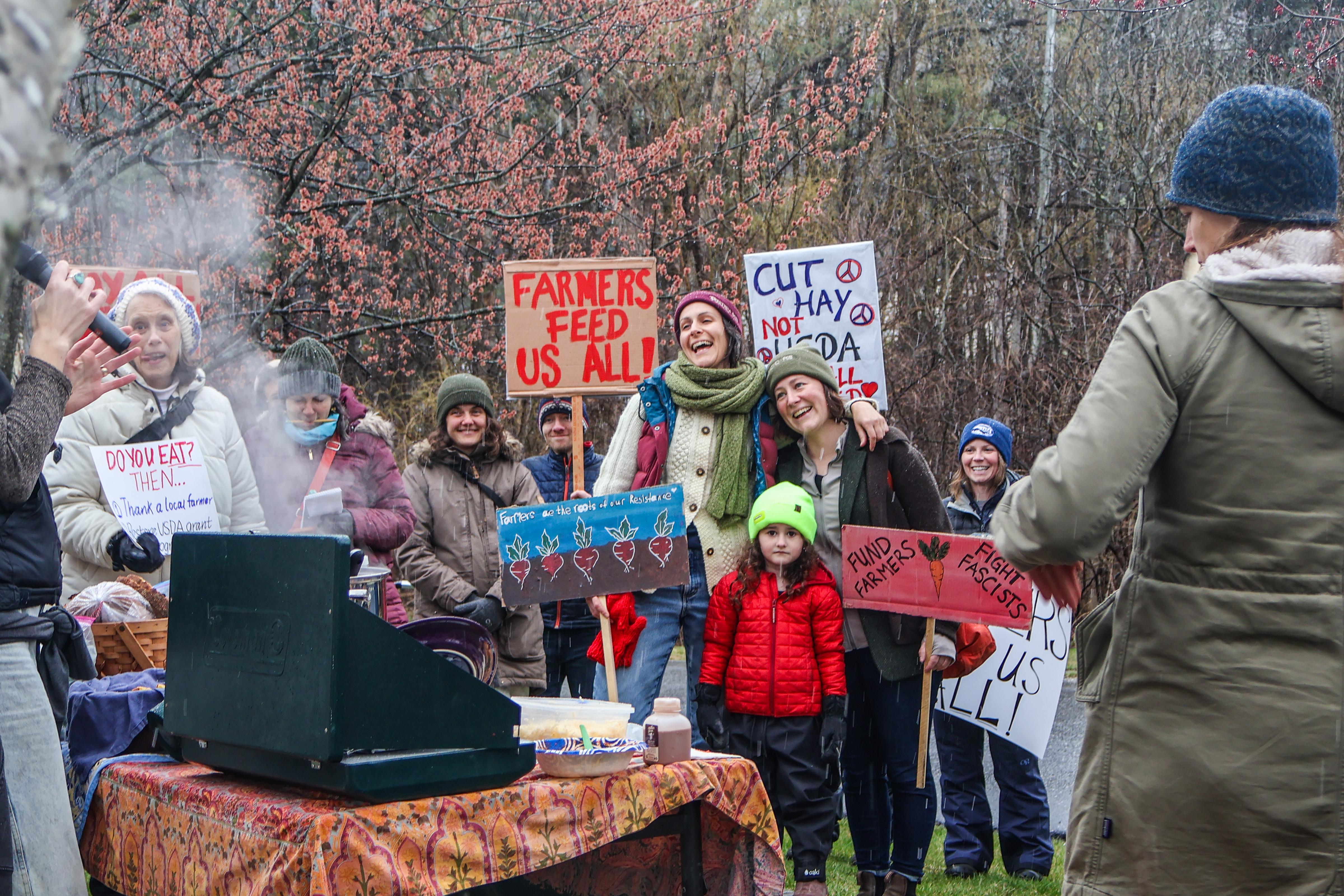 Farmers, farmworkers, and food system advocates gathered in front of the Middlebury USDA offices for a Farmer Day of Action