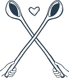 Two long spoons held by two hands, with spoons crossed in the middle and a heart between them