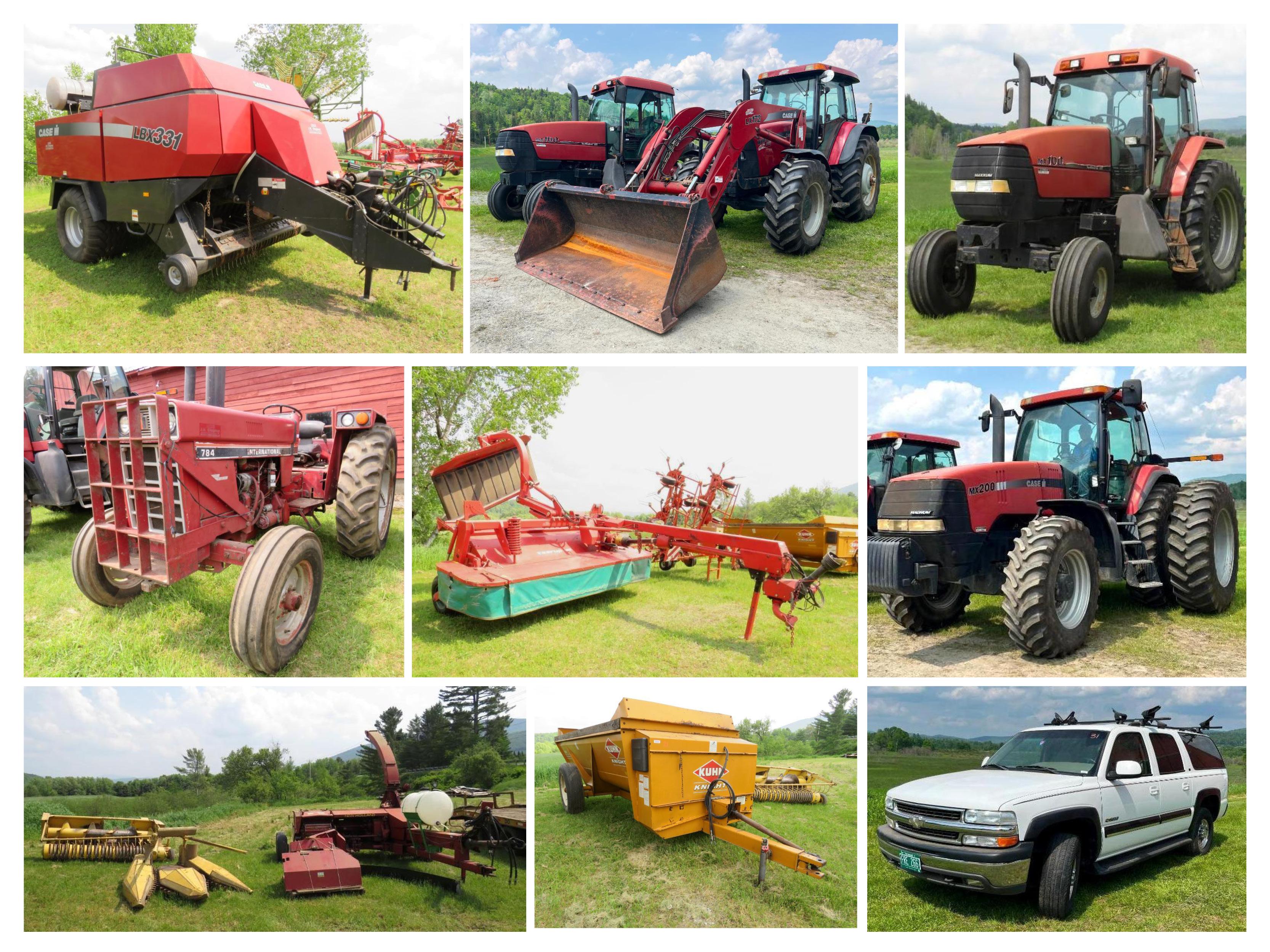 Collage of images of farm machinery, equipment, and other vehicles 