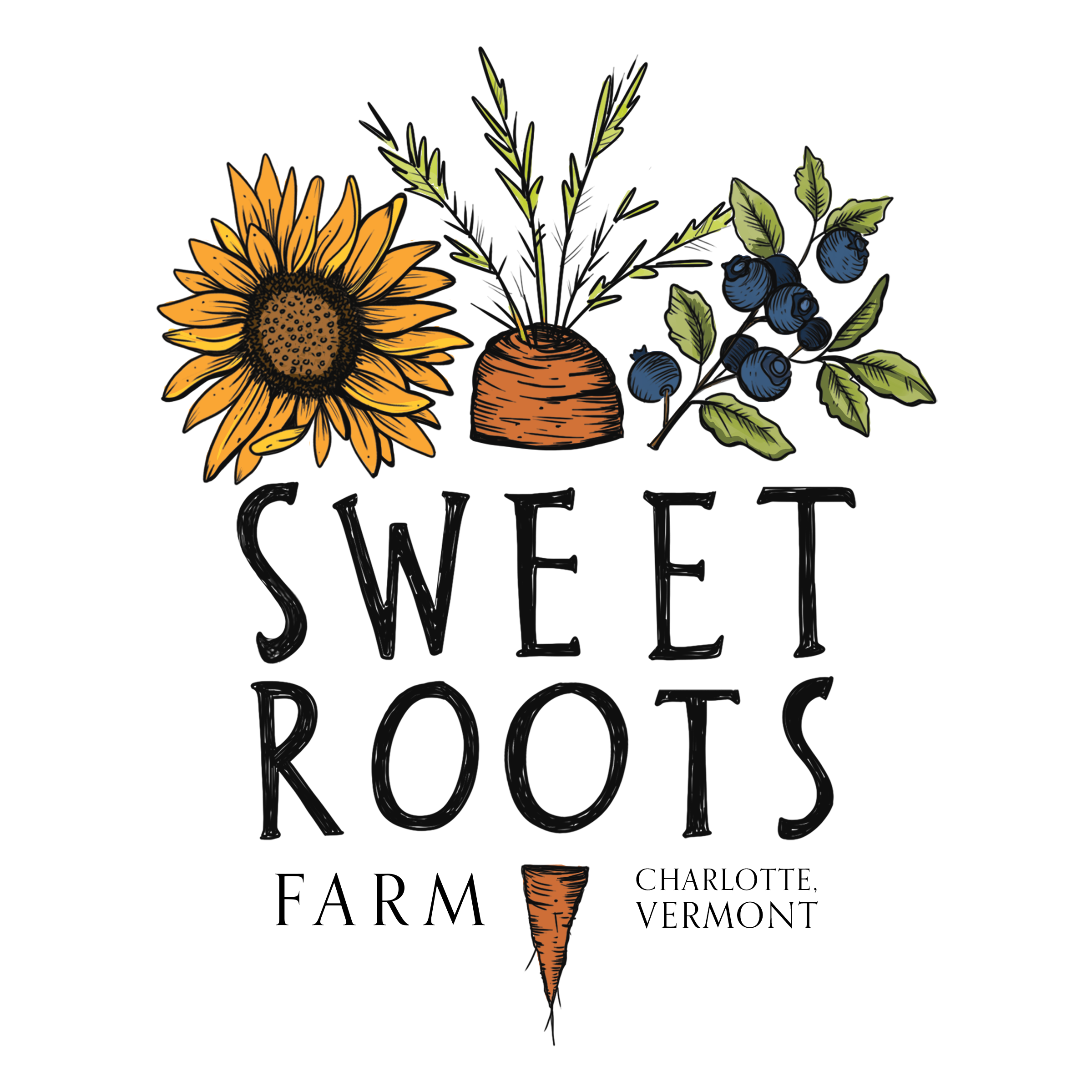 Sweet Roots Farm logo - sunflower, carrot, blueberries