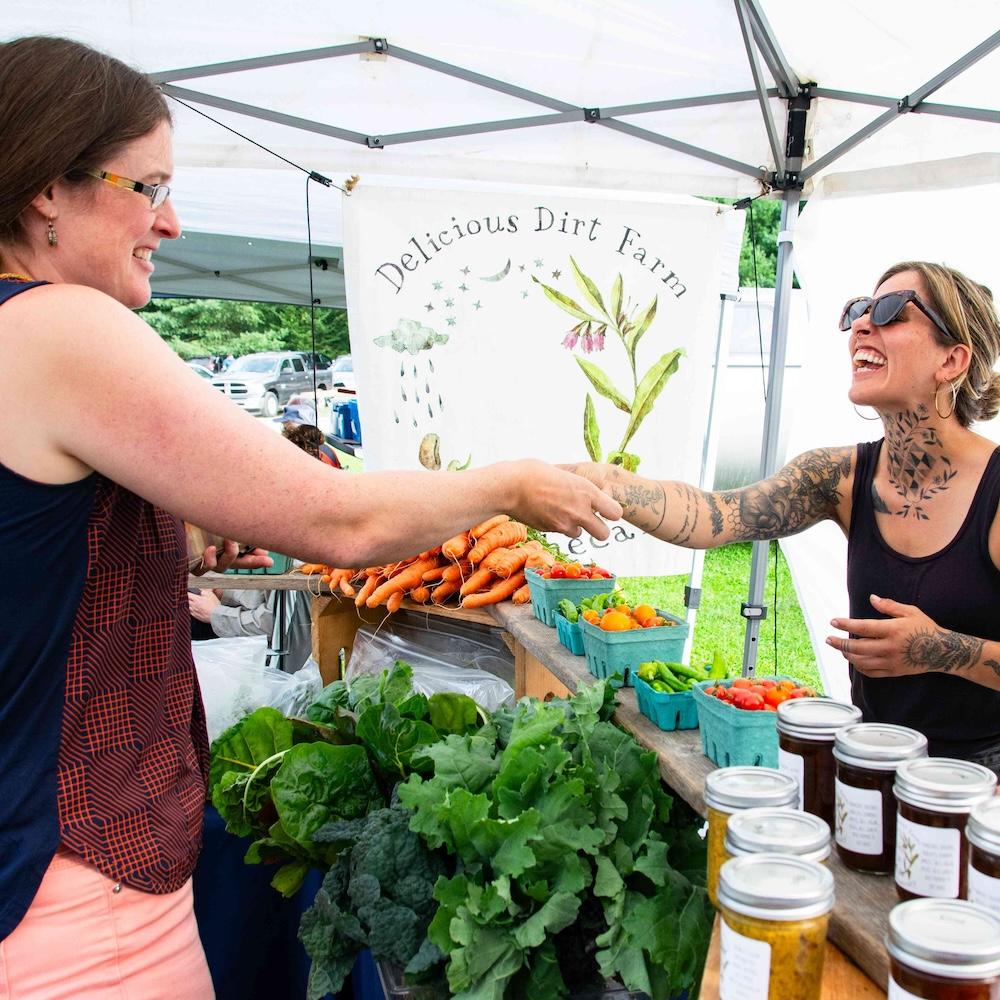 A person buys some produce from a farmers market vendor.