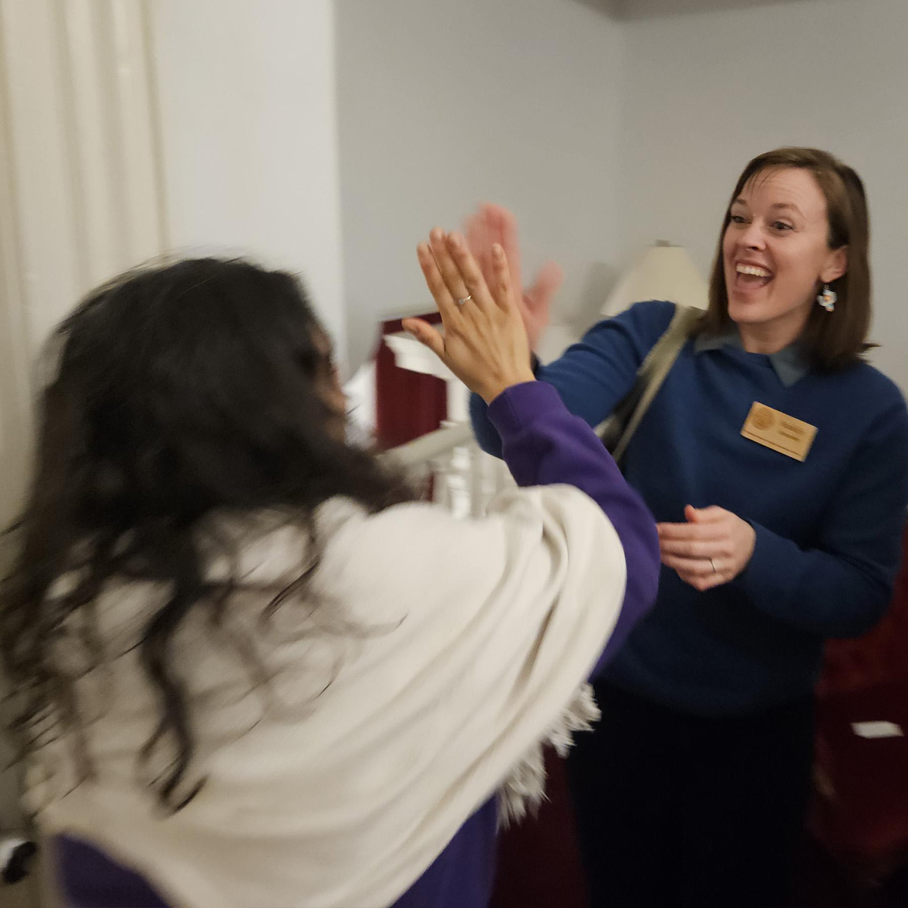 Maddie Kempner, NOFA-VT's Policy & Organizing Director, gives an enthusiastic high-five to NOFA-VT farmer-member and Board member Melisa Oliva of Ananda Gardens after learning that S.60, The Farm and Forestry Operations Security Special Fund unanimously passed both chambers of the Vermont Legislature