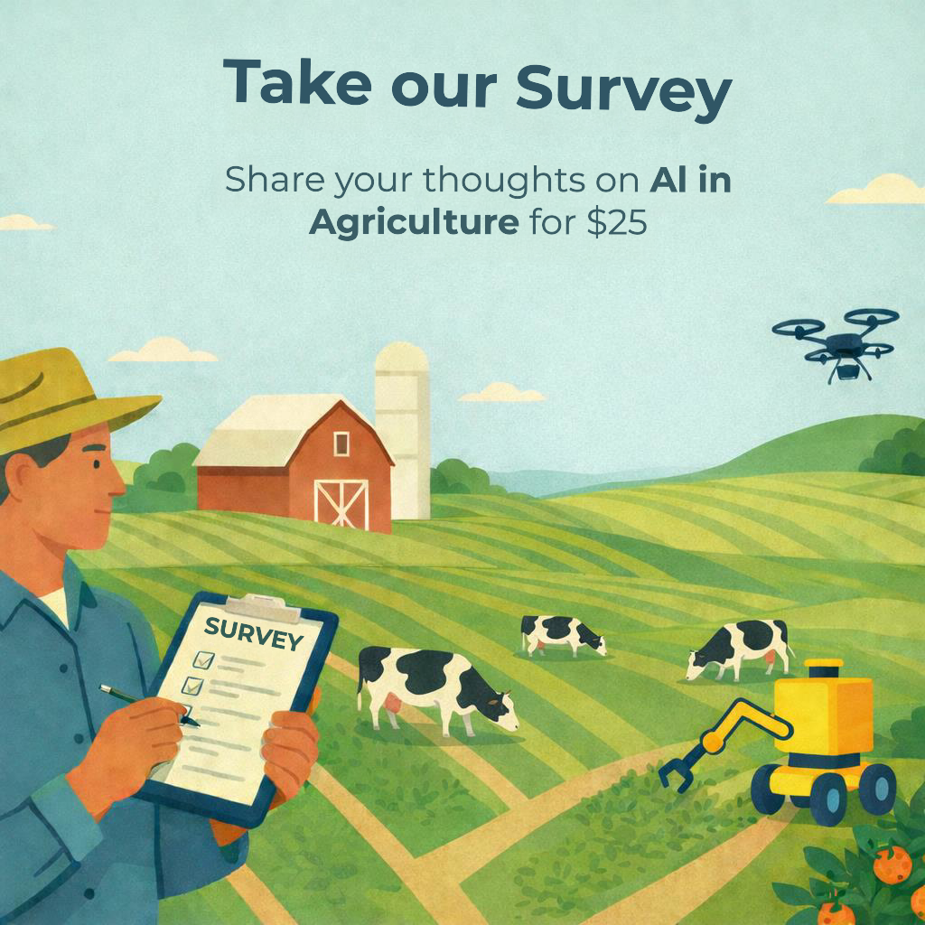 cartoon image of a farm with text: "take our survey: share your thoughts on AI in agriculture fro $25"