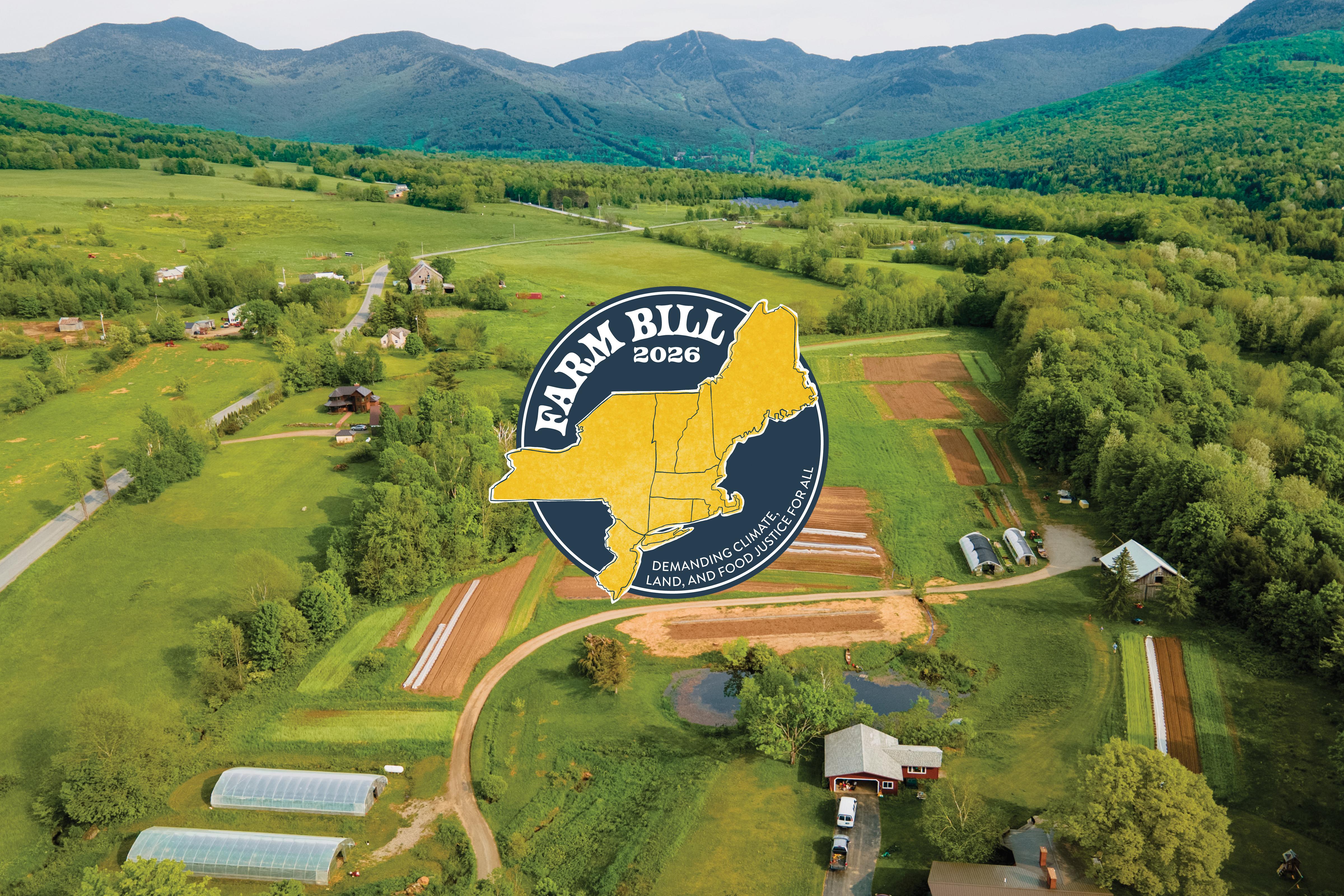 A 2026 Farm Bill logo over an aerial image of a Vermont farm