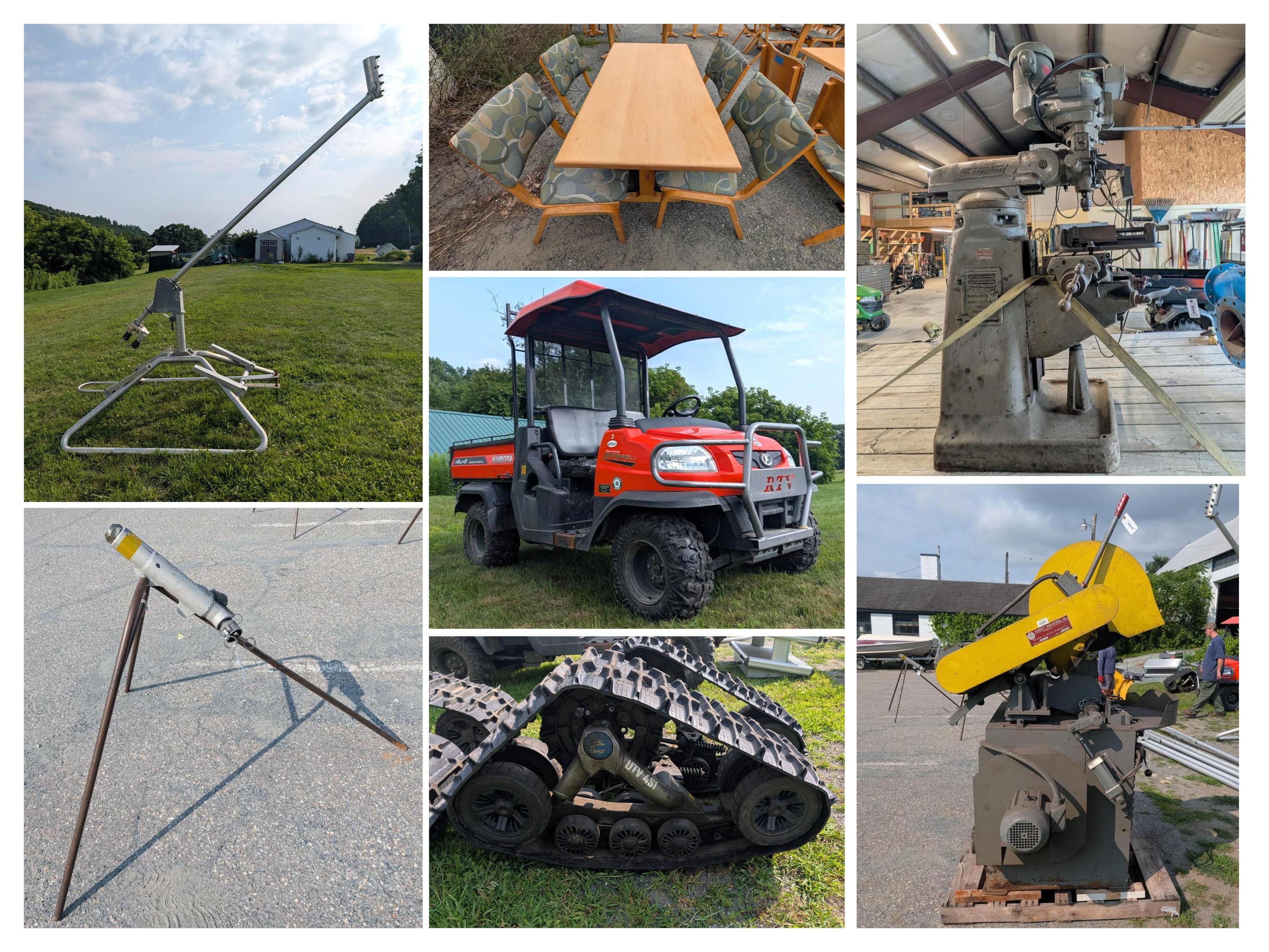 a collage of items including a UTV, snow-making equipment, and restaurant equipment