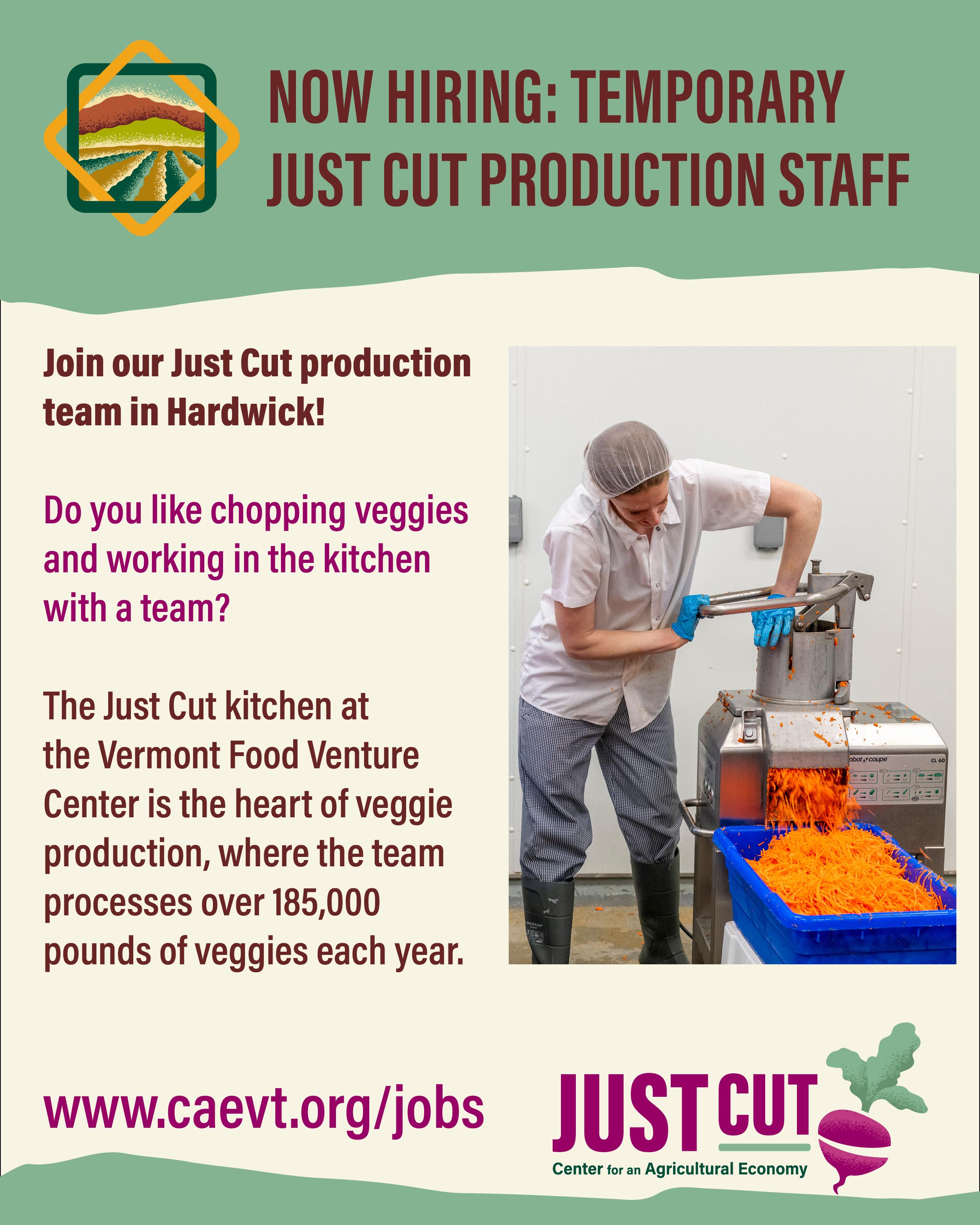 Picture of a person operating a machine that is shredding carrot. Text reads: Now Hiring Temporaryr Just Cut Production Staff