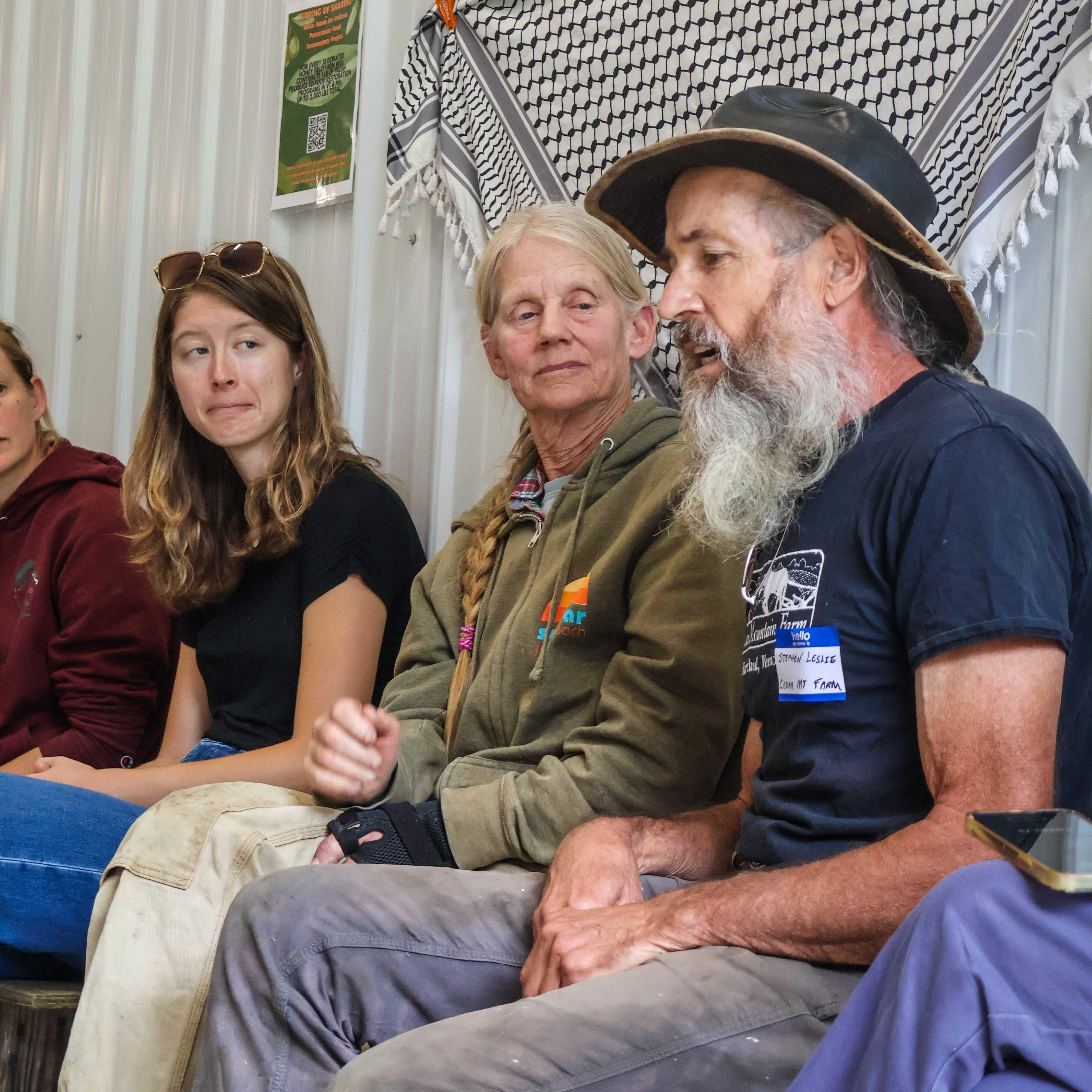 NOFA-VT farmer member Stephen Leslie of Cedar Mountain Farm and Cobb Hill Cheese seated next to Suzanne Long of Luna Bleu farm as the two participated in a roundtable discussion with Senator Peter Welch about the challenges facing Vermont’s farms—from land access and farm viability to the shortcomings of federal programs and the need for food policy that works for farmers and eaters alike.