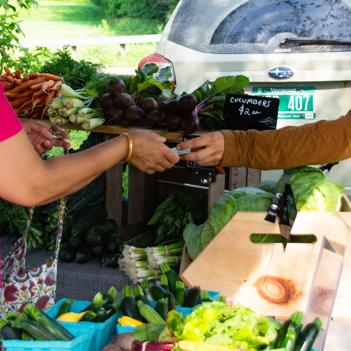 A customers hand is seen passing an EBT card to a farmers market staff member's hand over a table filled with colorful fresh produce