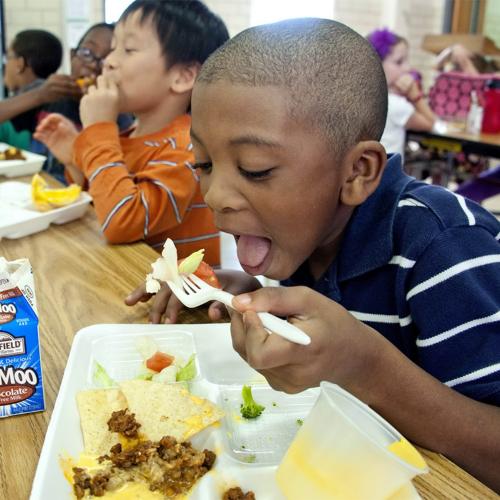 Kids eat lunch in a cafeteria