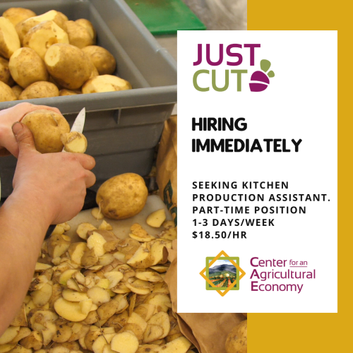 Someone's hand holding a knife and peeling a potato and more potatoes in the background. The text reads "Just Cut Hiring Immediately" 