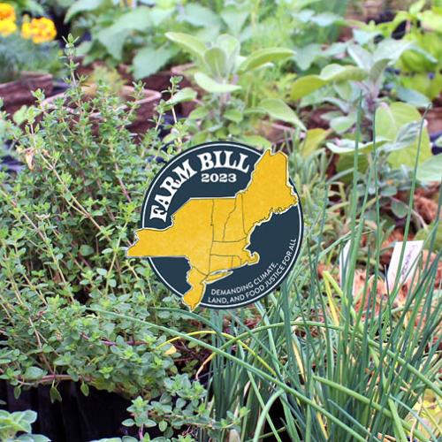 Farm Bill icon centered over plants at New Leaf Organics