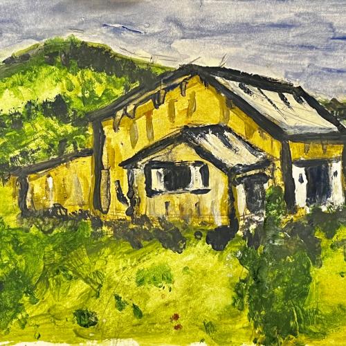 Watercolor painting of a barn