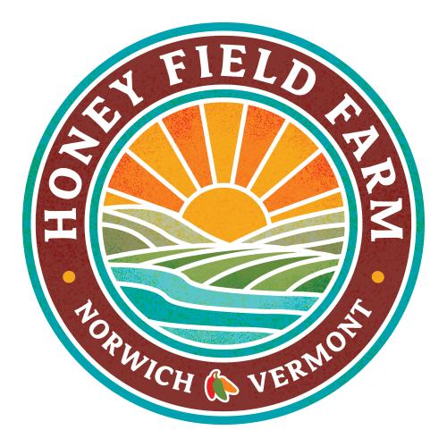 Honey Field Farm, Norwich VT with logo of a sunrise over mountains and a river