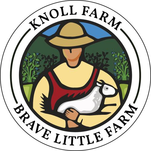 Knoll Farm logo: A sweet figure wearing a hat and red overalls holds a white sheep, with green mountains and blue sky in the background.