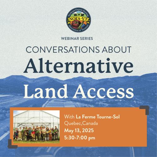 A graphic depicting blue mountains with text above reading "Conversations About Alternative Land Access" and text in an orange box listing the event details