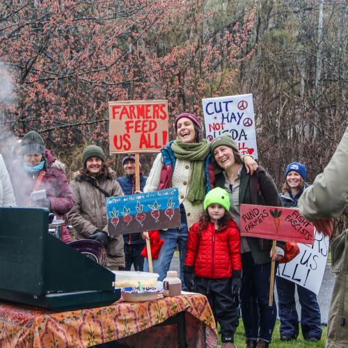 Farmers, farmworkers, and food system advocates gathered in front of the Middlebury USDA offices for a Farmer Day of Action