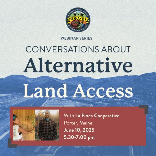 A graphic depicting blue mountains with text above reading "Conversations About Alternative Land Access" and text in an orange box listing the event details