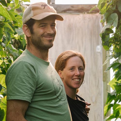 Farmers James and Sara of Trillium Hill farm standing between tall rows of lush organic bean vines in their high tunnel