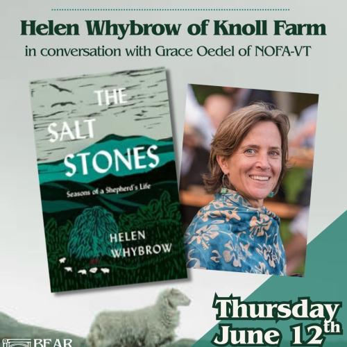 A graphic depicting a cover of the book The Salt Stones with a photo of author Helen Whybrow of Knoll Farm and details about an author event at Bear Pond Books
