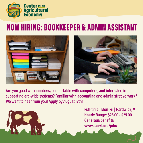 Now Hiring Bookkeeper and Admin Aisstant with photos of organized office supplies and somones hands on a keyboard