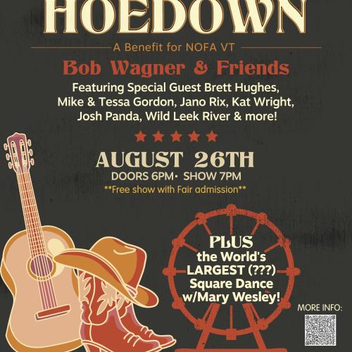 A poster for the August 24th Honky Tonk Hoedown at the Champlain Valley Fair featuring the event details and a graphic of a ferris wheel, cowboy boots, cowboy hat, and a guitar