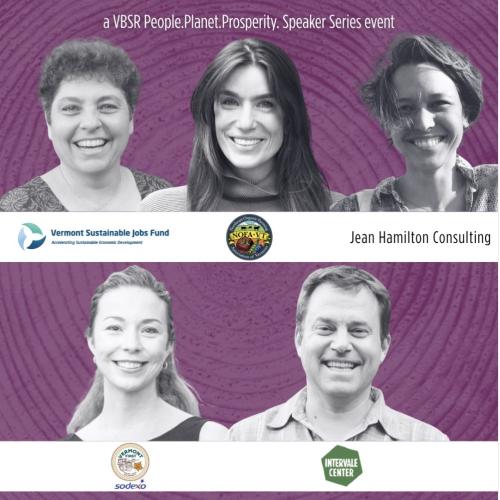A graphic showing headshots of 5 panelists in an upcoming Future of Vermont's Food & Farm Economy roundtable, with logos from each of the host/sponsor organizations