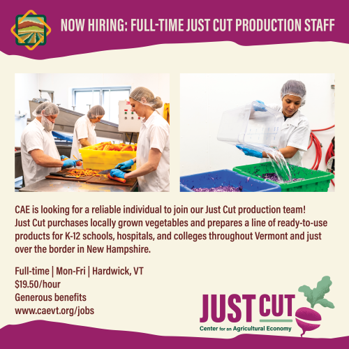 Now Hiring Full time Just Cut Production Staff with two pictures of Just Cut team members working in the kitchen