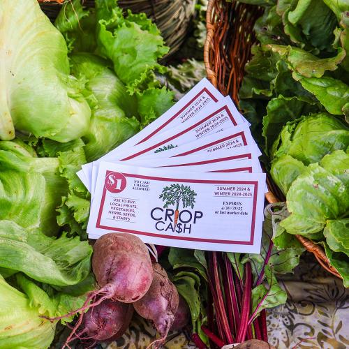Crop Cash coupons fanned out over colorful produce at a farmers market