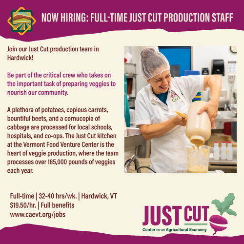 Text says Joing our Just Cut production team in Hardwick, with a picture of a staff member smiling while making hummus