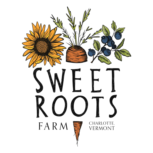 Sweet Roots Farm logo - sunflower, carrot, blueberries