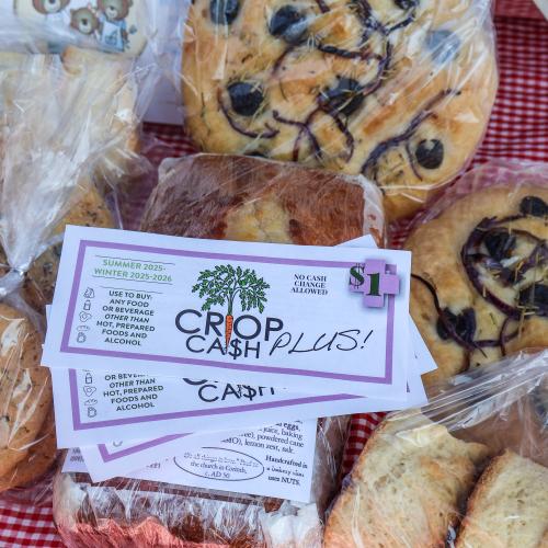 Crop Cash PLUS coupons fanned out in front of a farmers market booth of Crop Cash PLUS eligible items including bread and other baked goods from Three Bears Bakery