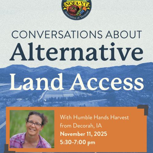 A graphic depicting blue mountains with text above reading "Conversations About Alternative Land Access" and text in an orange box listing the event details