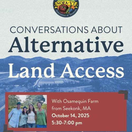 A graphic depicting blue mountains with text above reading "Conversations About Alternative Land Access" and text in an red box listing the event details