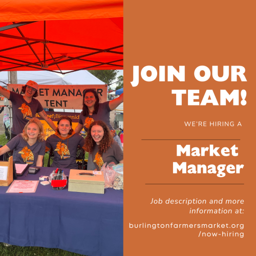 Reads: Join our team! We're hiring a market manager. A photo shows five staff wearing matching uniforms at the market information tent smiling at the camera. 