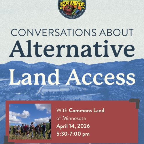 A graphic depicting blue mountains with text above reading "Conversations About Alternative Land Access" and text in a red box listing the event details