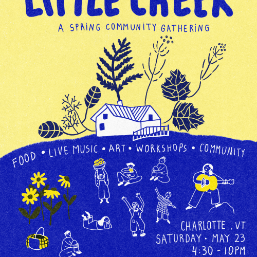 A blue field where people are dancing and playing. A house sits above the field with plants growing above it. The title reads Little Creek A Spring Community Gathering.