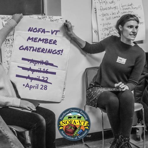 A black and white photo of NOFA-VT Grassroots Organizer Jess Hays Lucas holds up a large piece of paper from a flip chart that reads, "NOFA-VT Member Gatherings" then lists the dates of the remaining member gatherings. There's also a color NOFA-VT logo centered at the bottom of the image
