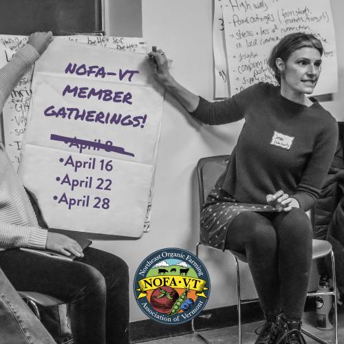 A black and white photo of NOFA-VT Grassroots Organizer Jess Hays Lucas holds up a large piece of paper from a flip chart that reads, "NOFA-VT Member Gatherings" then lists the dates of the remaining member gatherings. There's also a color NOFA-VT logo centered at the bottom of the image