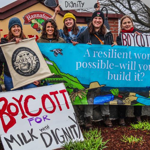 NOFA-VT staff standing in solidarity with farmworkers at a May Day Milk With Dignity picket in front of the Williston Hannaford. 