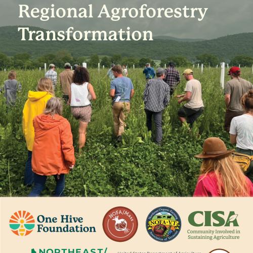 A graphic laid over a photograph of farmers walking through a crop field interplanted with trees as part of an agroforestry system with text laid over the top reading "Cultivating a Farmer-Led Regional Agroforestry Transformation and the logos of the sponsor organizations at the bottom