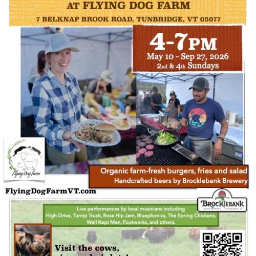 Burger Nights At Flying Dog Farm Poster. 2nd and 4th Sundays May through September. Photos of people holding burger and at the grill, pigs and cows on pasture