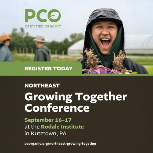 A graphic depicting a farmer smiling with a basket of kohlrabi in the foreground with two other farmers in the background and a green and blue overlay with text describing the details of the conference