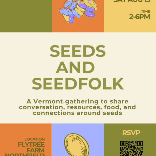 A colorful graphic flyer with green, orange, and yellow squares and colorful depictions of seeds with the details of the workshop listed and a QR code